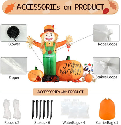 6ft Tall LED Lighted Inflatable Scarecrow and Pumpkin – Halloween Thanksgiving Fall Yard Decoration with Built-in Lights – Outdoor Blow Up Decor for Lawn, Garden, Party