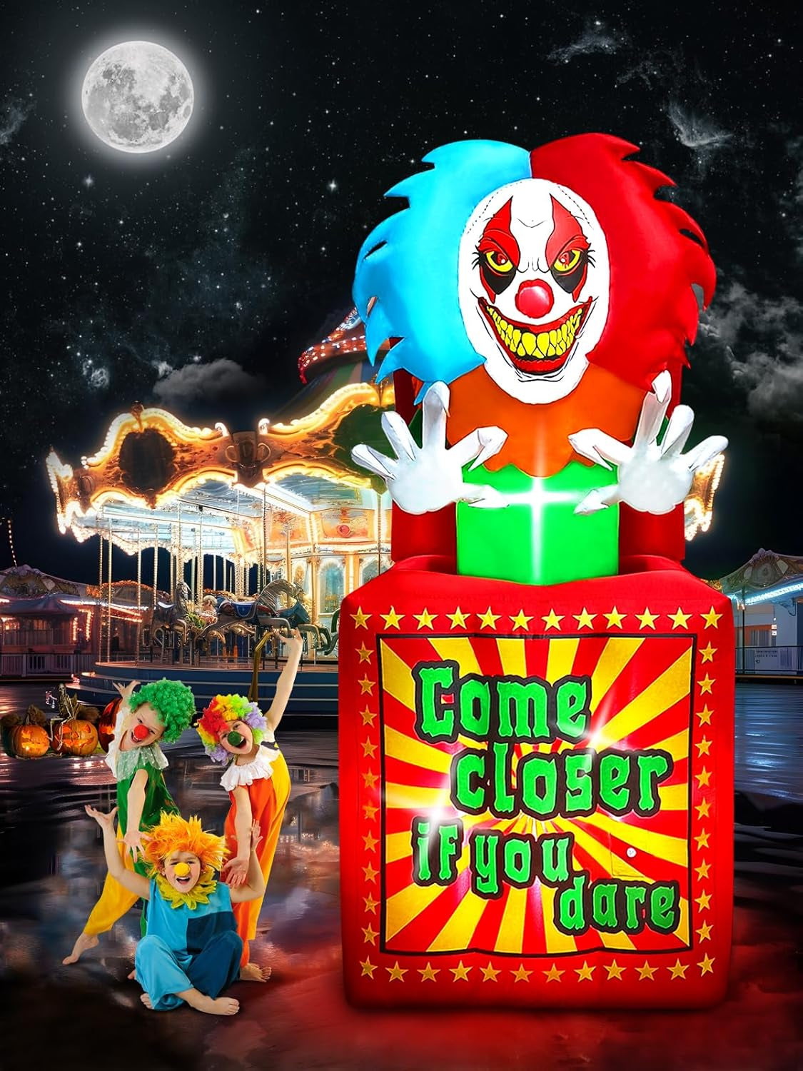 6.6 FT Halloween Inflatables Animated Clown with Music,  Circus Clown Box Outdoor Decorations Blow Up Yard with Built-in LEDs for Indoor Outdoor Party Garden Lawn Decor