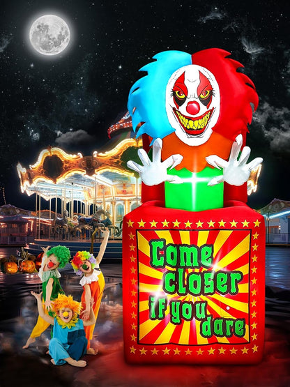 6.6 FT Halloween Inflatables Animated Clown with Music,  Circus Clown Box Outdoor Decorations Blow Up Yard with Built-in LEDs for Indoor Outdoor Party Garden Lawn Decor