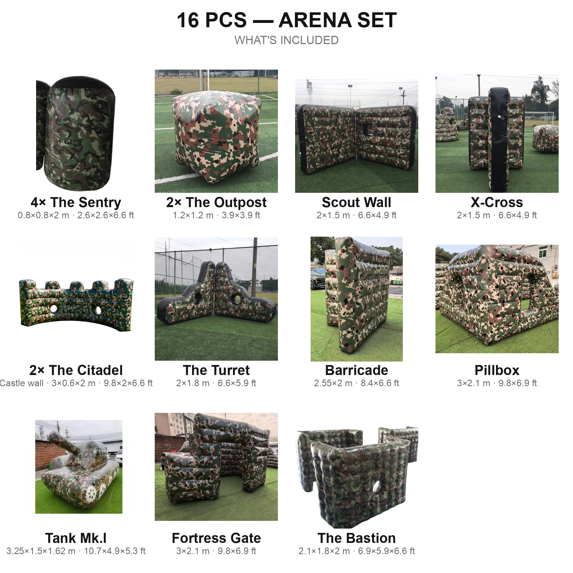 16 pcs Arena Set contents — camo airsoft bunkers