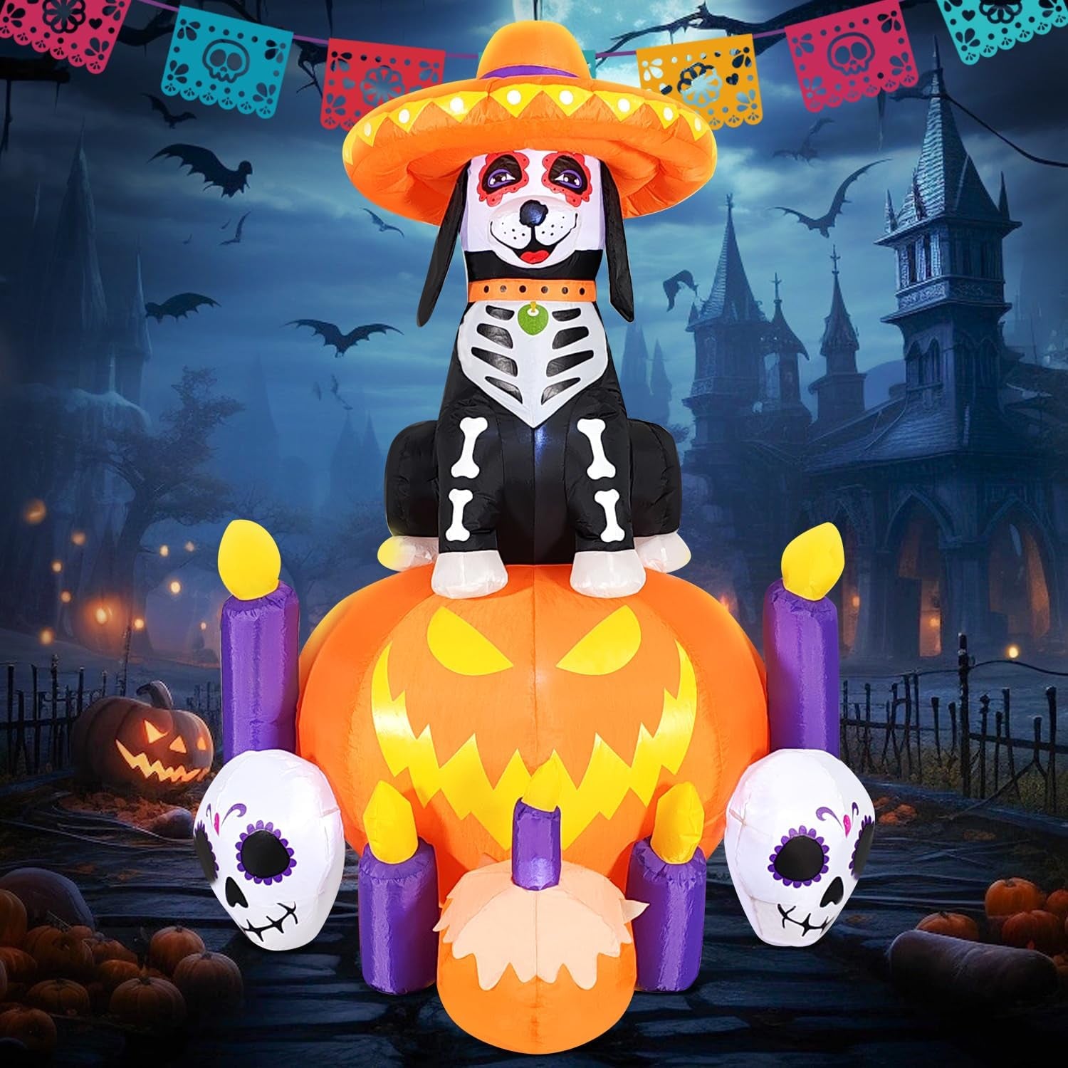Halloween Inflatable Blow Up Decorations, Dia de Los Muertos 6FT Day of Dead Catrina Dog with Pumpkin and Candles, Built-in LEDs for Holiday Party, Garden, Lawn, Yard, Patio Décor
