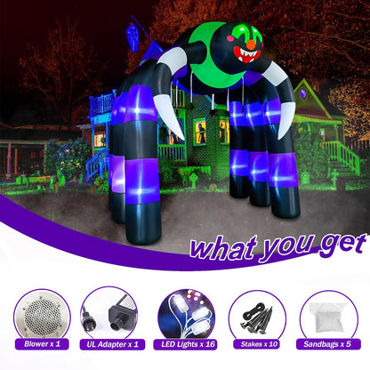 10 Ft Halloween Inflatable Spider Archway Decoration LED Light Up Giant Blow Up Spider Arch for Halloween Party Indoor Outdoor Garden Yard Decor
