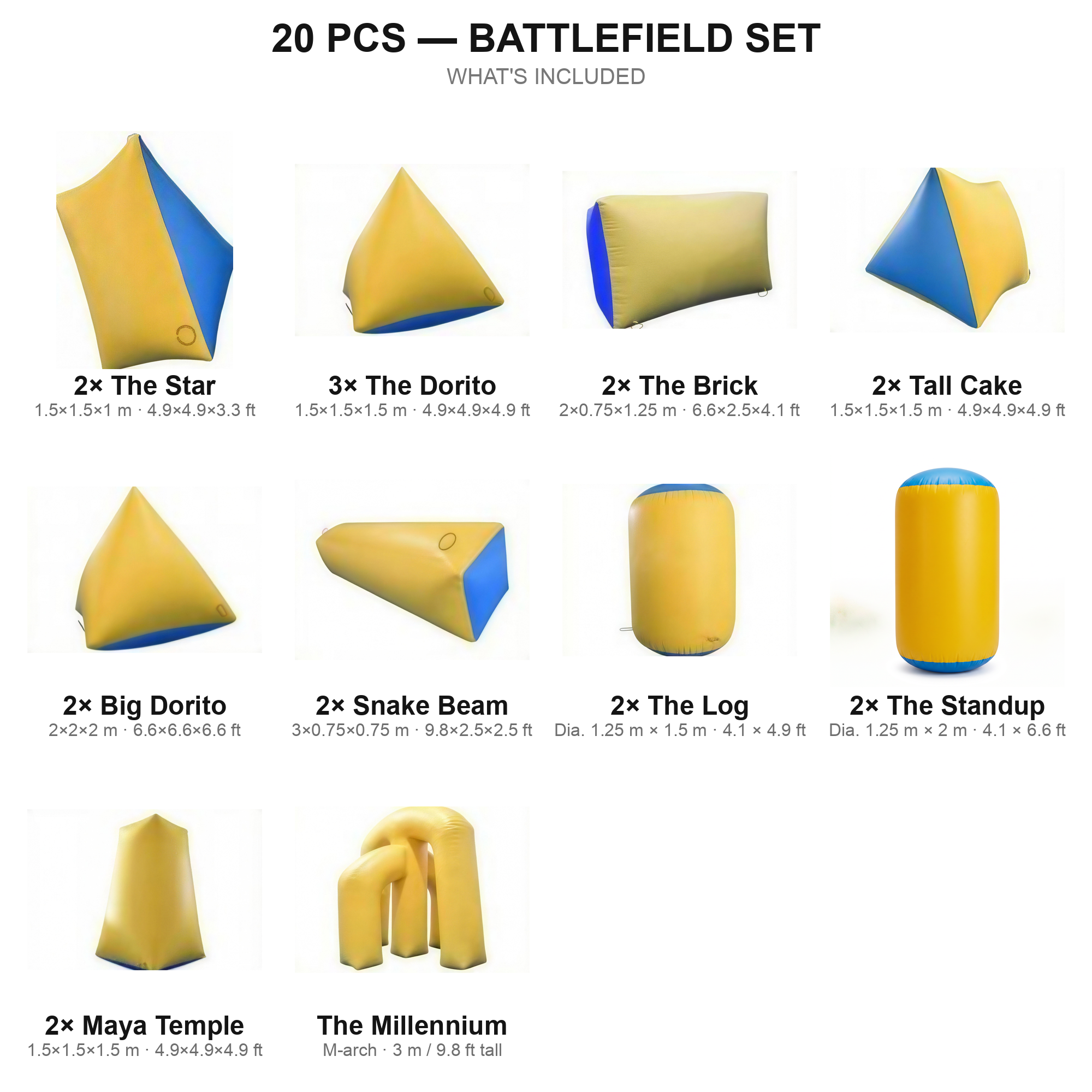 20 pcs Battlefield Set contents — yellow paintball bunkers