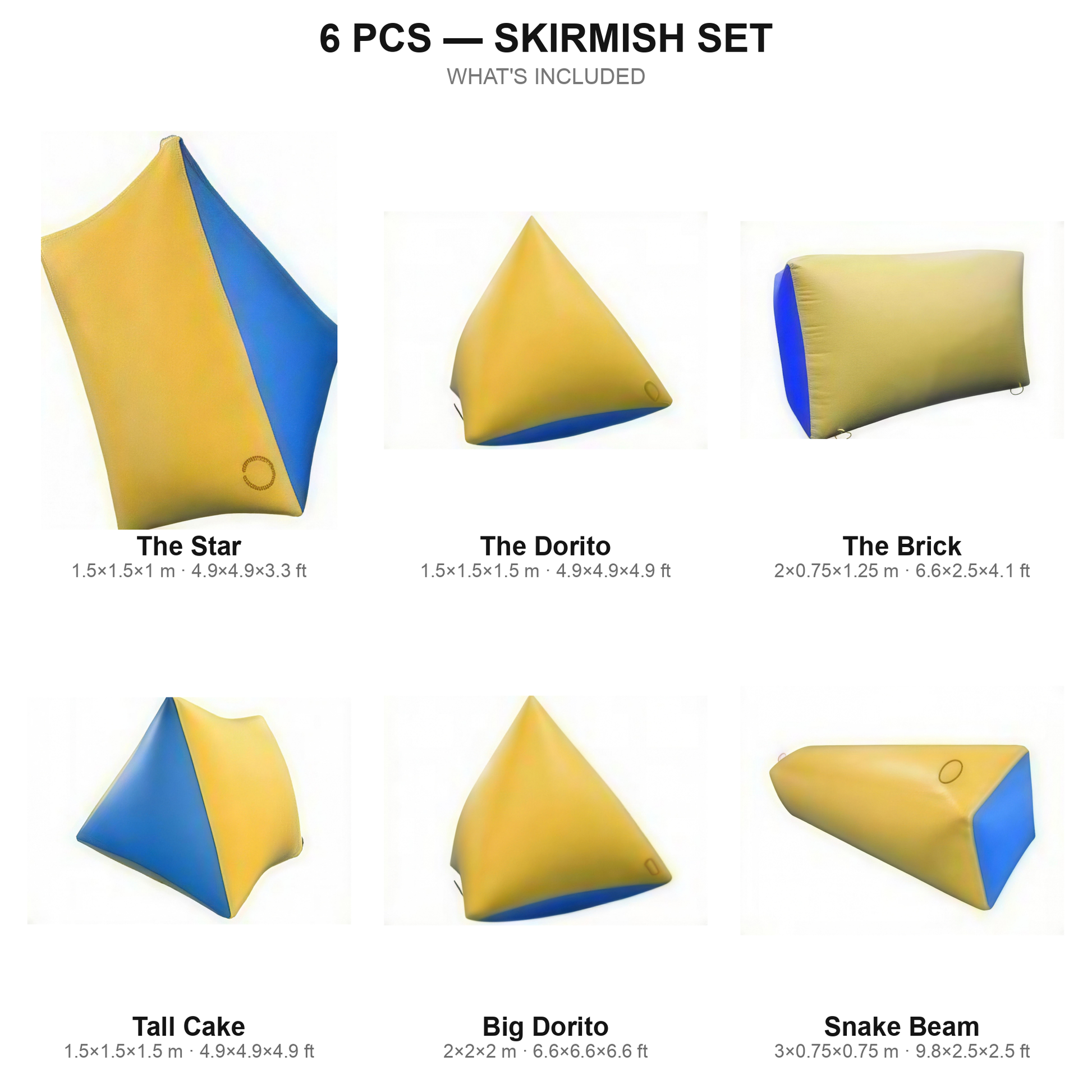 6 pcs Skirmish Set contents — yellow paintball bunkers