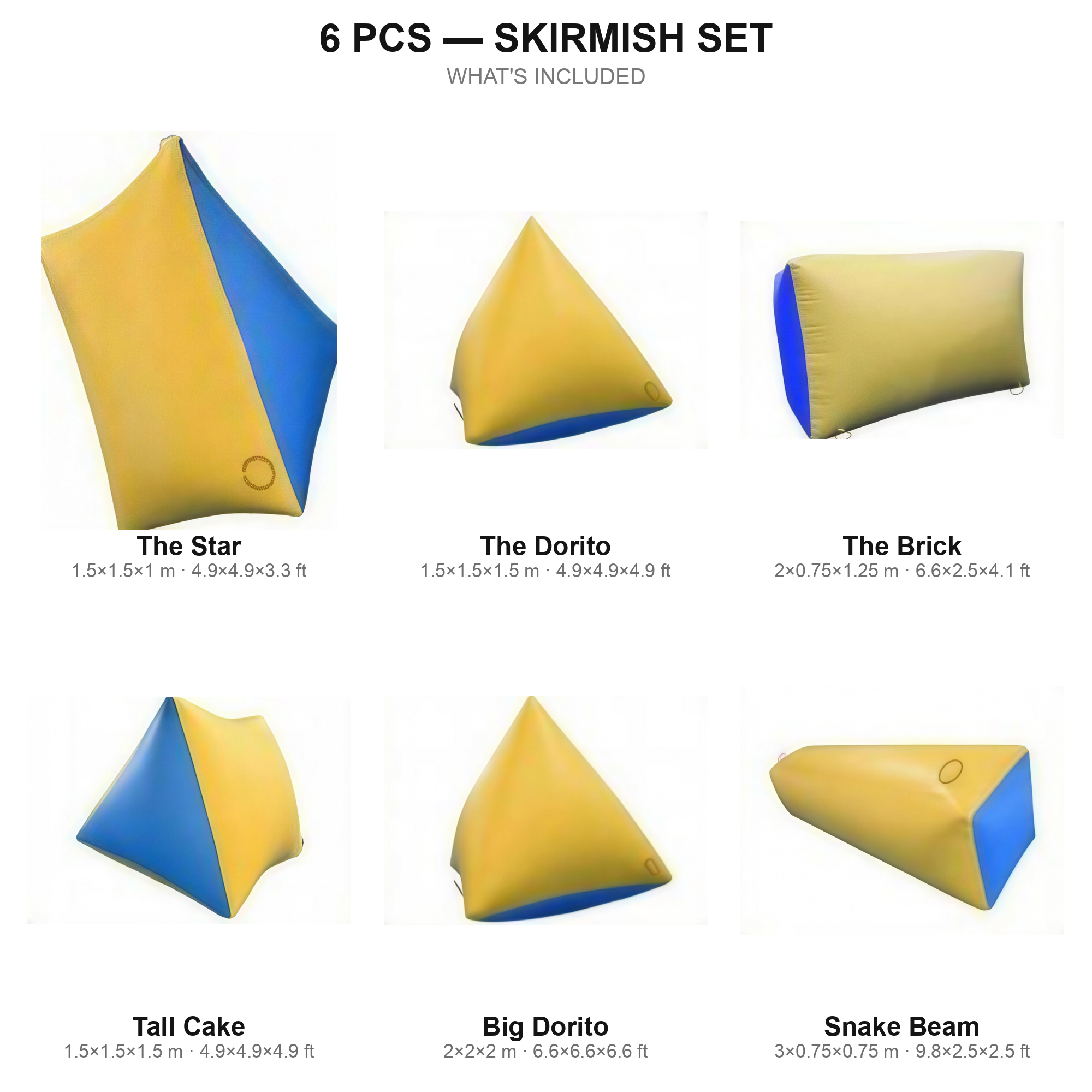 6 pcs Skirmish Set contents — yellow paintball bunkers