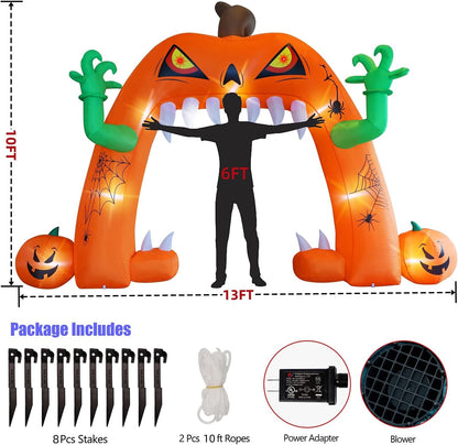 Halloween Inflatable Lighted Pumpkin Archway 13 FT(L) x 10 FT(H), Giant Jack-O-Lantern Lawn Arch with Build-in LED, Animated Halloween Yard Prop, Outdoor Holiday Blow up Decor