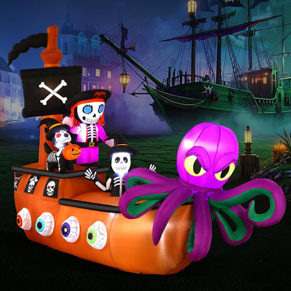 10FT Halloween Inflatable Pirate Ship outdoor Decoration with Built-in LEDs Lights, Blow Up Boat with Octopus and Pirate Skeleton for Outside/Indoor Xmas,Yard,Garden,Lawn,Party, Holiday Decor