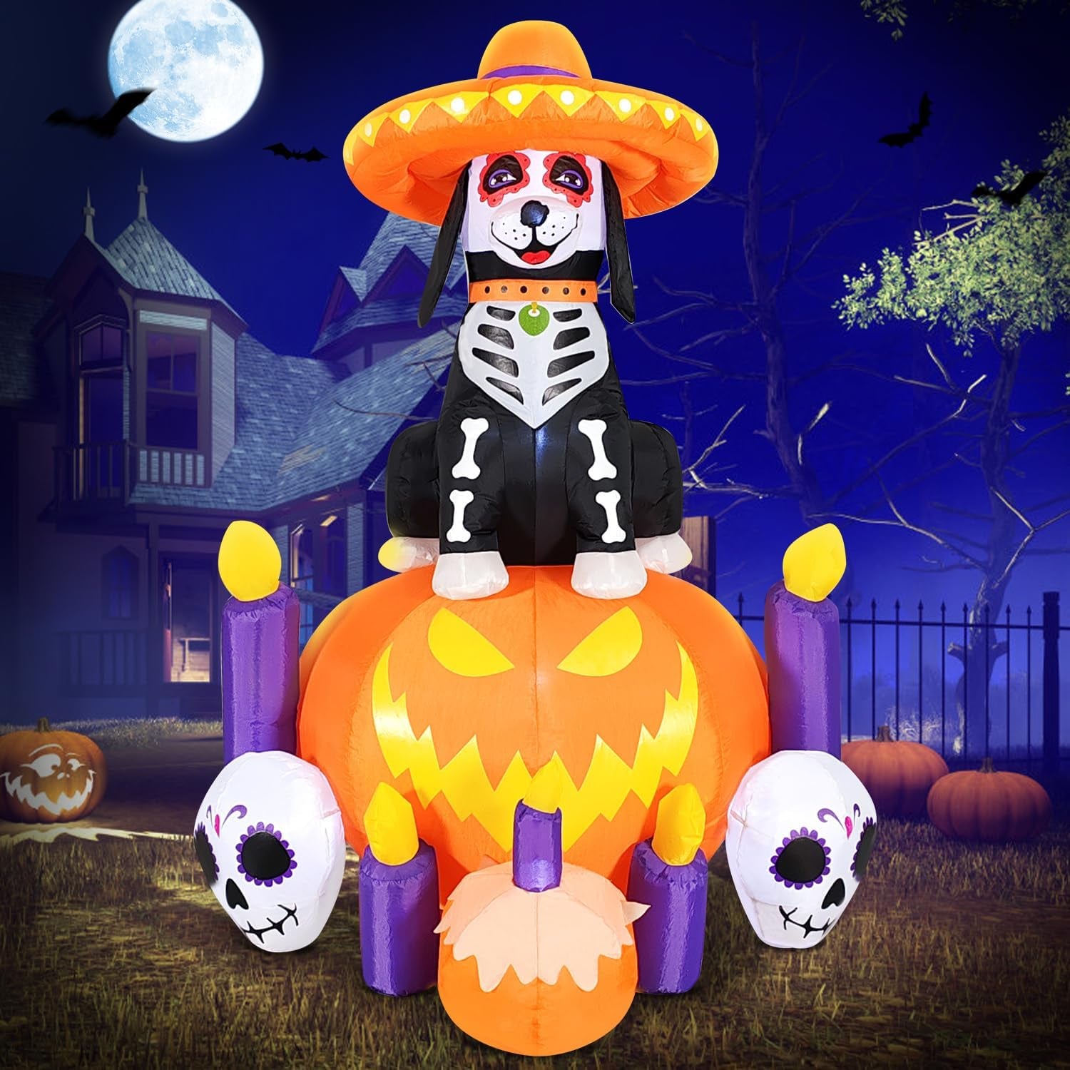 Halloween Inflatable Blow Up Decorations, Dia de Los Muertos 6FT Day of Dead Catrina Dog with Pumpkin and Candles, Built-in LEDs for Holiday Party, Garden, Lawn, Yard, Patio Décor