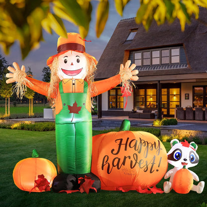 6ft Tall LED Lighted Inflatable Scarecrow and Pumpkin – Halloween Thanksgiving Fall Yard Decoration with Built-in Lights – Outdoor Blow Up Decor for Lawn, Garden, Party