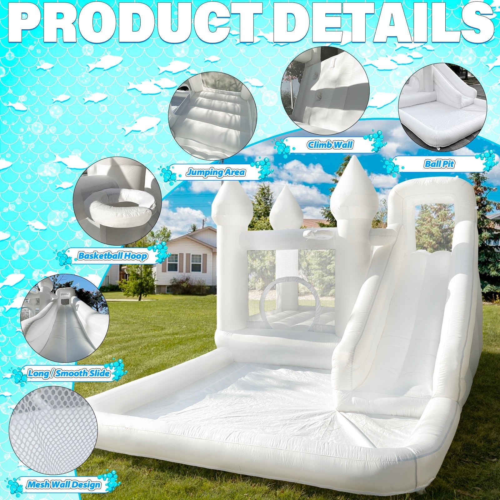 White Bounce House with Slide and Ball Pit