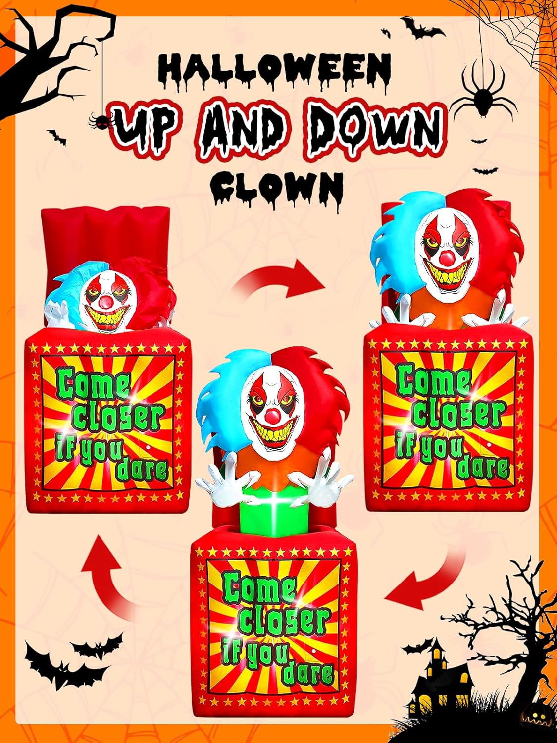 6.6 FT Halloween Inflatables Animated Clown with Music,  Circus Clown Box Outdoor Decorations Blow Up Yard with Built-in LEDs for Indoor Outdoor Party Garden Lawn Decor
