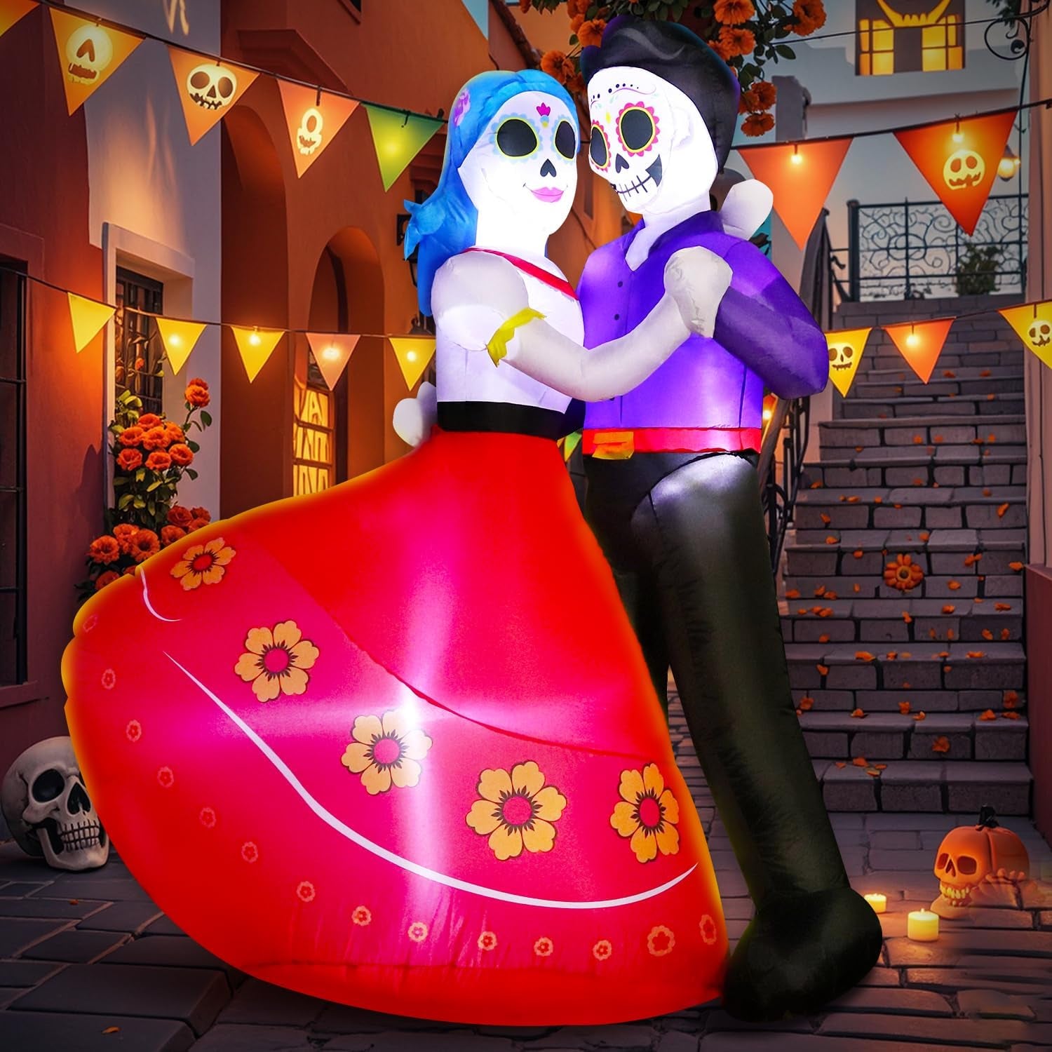 Halloween Inflatable Blow Up Decorations, Dia de Los Muertos 6FT Day of Dead Catrina Sugar Skull Couple Dancing, Built-in LEDs for Holiday Party, Garden, Lawn, Yard, Patio Décor