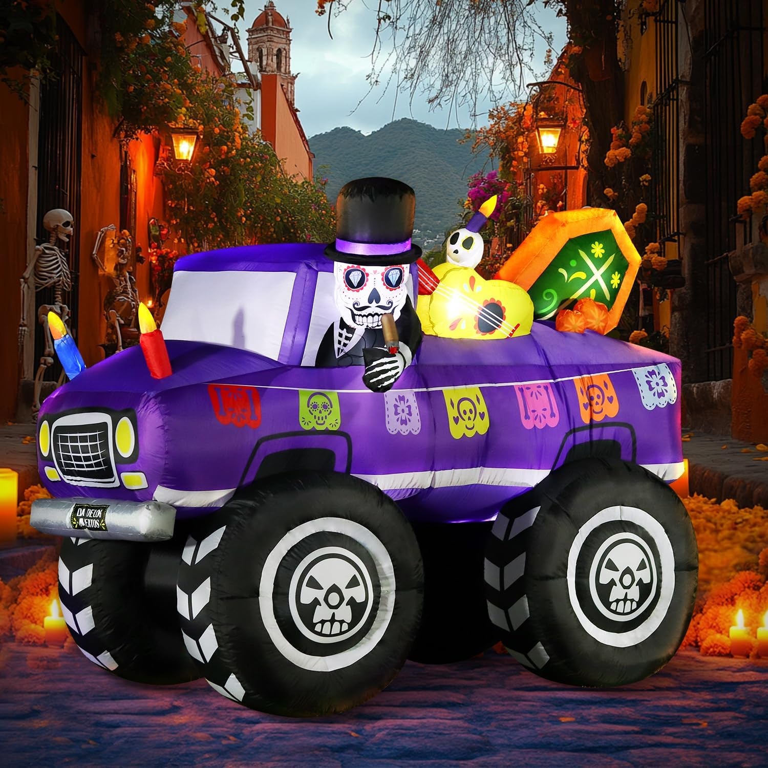 7FT Halloween Inflatable Blow Up Decorations, Dia de Los Muertos Day of Dead Catrina Skulls Monster Truck, Built-in LEDs for Holiday Party, Garden, Lawn, Yard, Patio Décor