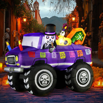 7FT Halloween Inflatable Blow Up Decorations, Dia de Los Muertos Day of Dead Catrina Skulls Monster Truck, Built-in LEDs for Holiday Party, Garden, Lawn, Yard, Patio Décor