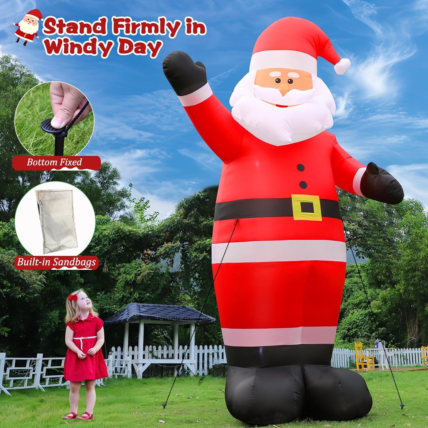 12 FT Giant Christmas Inflatable Santa Claus Outdoor Decoration, Cute Santa Tilting His Head and Waving Hand, Outside Waterproof Xmas Decor for Lawn Yard Patio Garden Holiday Party Porch Home