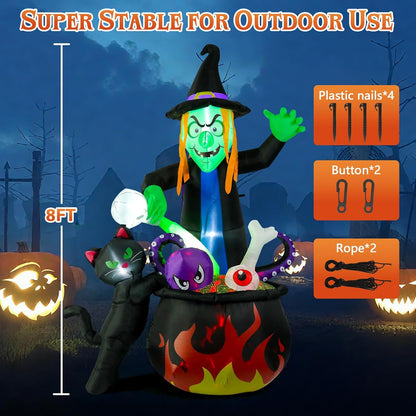 8FT Halloween Inflatable Witch Stirring Cauldron, Lighted Blow Up Yard Decoration with Cat, Tentacles & Eyeball, Giant Outdoor Prop for Lawn, Party, Haunted House