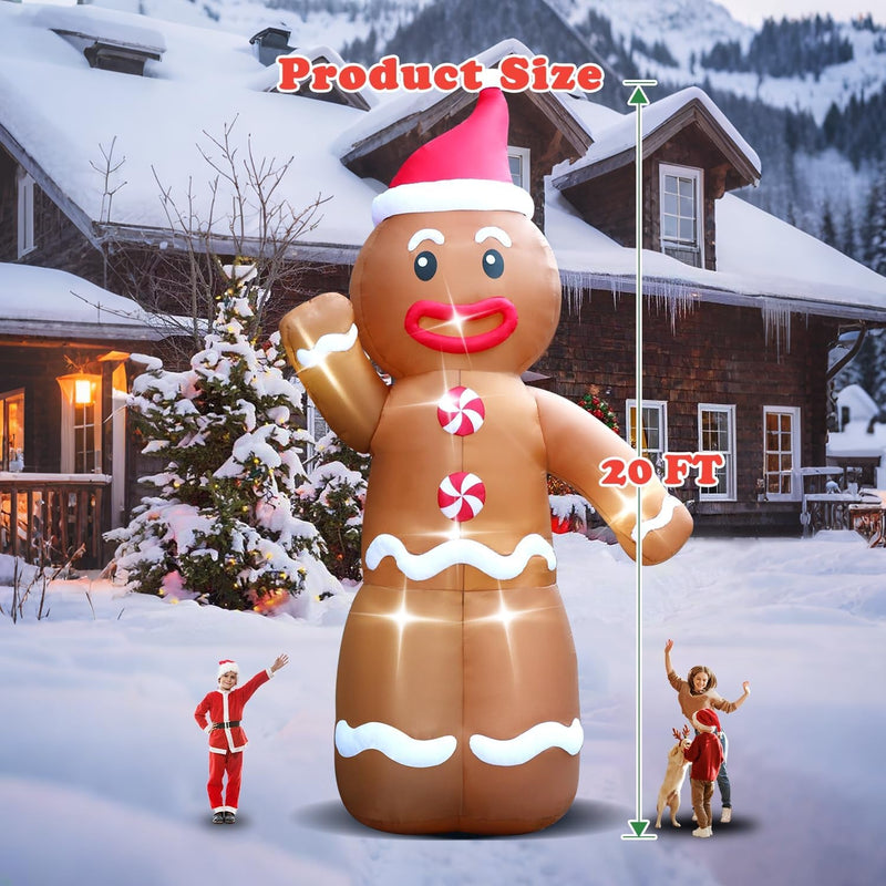 20FT Christmas Giant Inflatable Outdoor Decorations, Blow Up Gingerbread Man Yard Decoration, Xmas Decor Build-in LED Lights for Garden Lawn Yard Porch Holiday Party