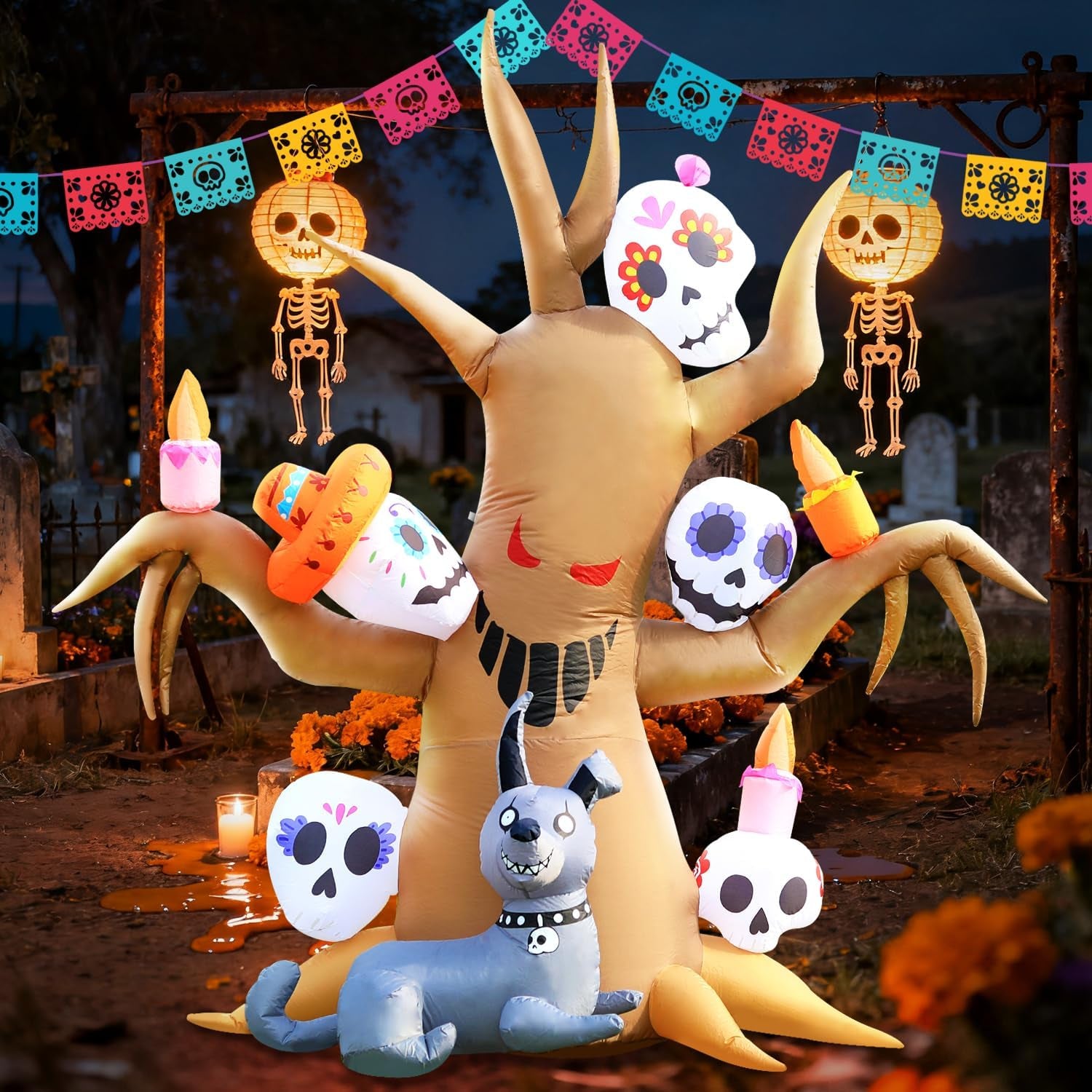 Tree Halloween Inflatable Blow Up Decorations, Dia de Los Muertos 8FT Day of The Dead Spooky Tree with Catrina Skull and Hairless Dog, Built-in LEDs for Holiday, Garden Lawn Yard Patio Décor