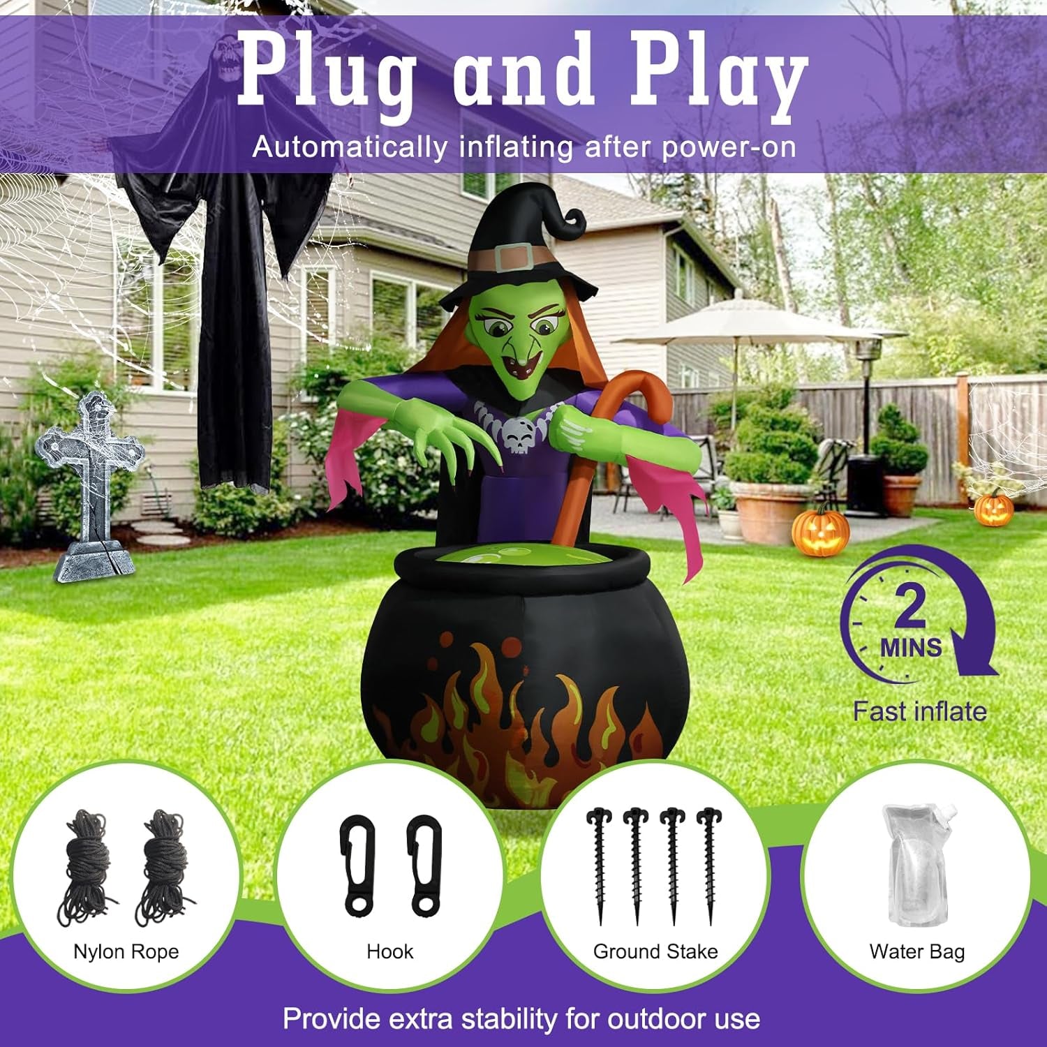 8.5Ft Tall Giant Halloween Inflatables Witch Cauldron Decorations, Scary Blow up Yard Decor Build-In 5 Led Lights for Outdoor Party Lawn Garden