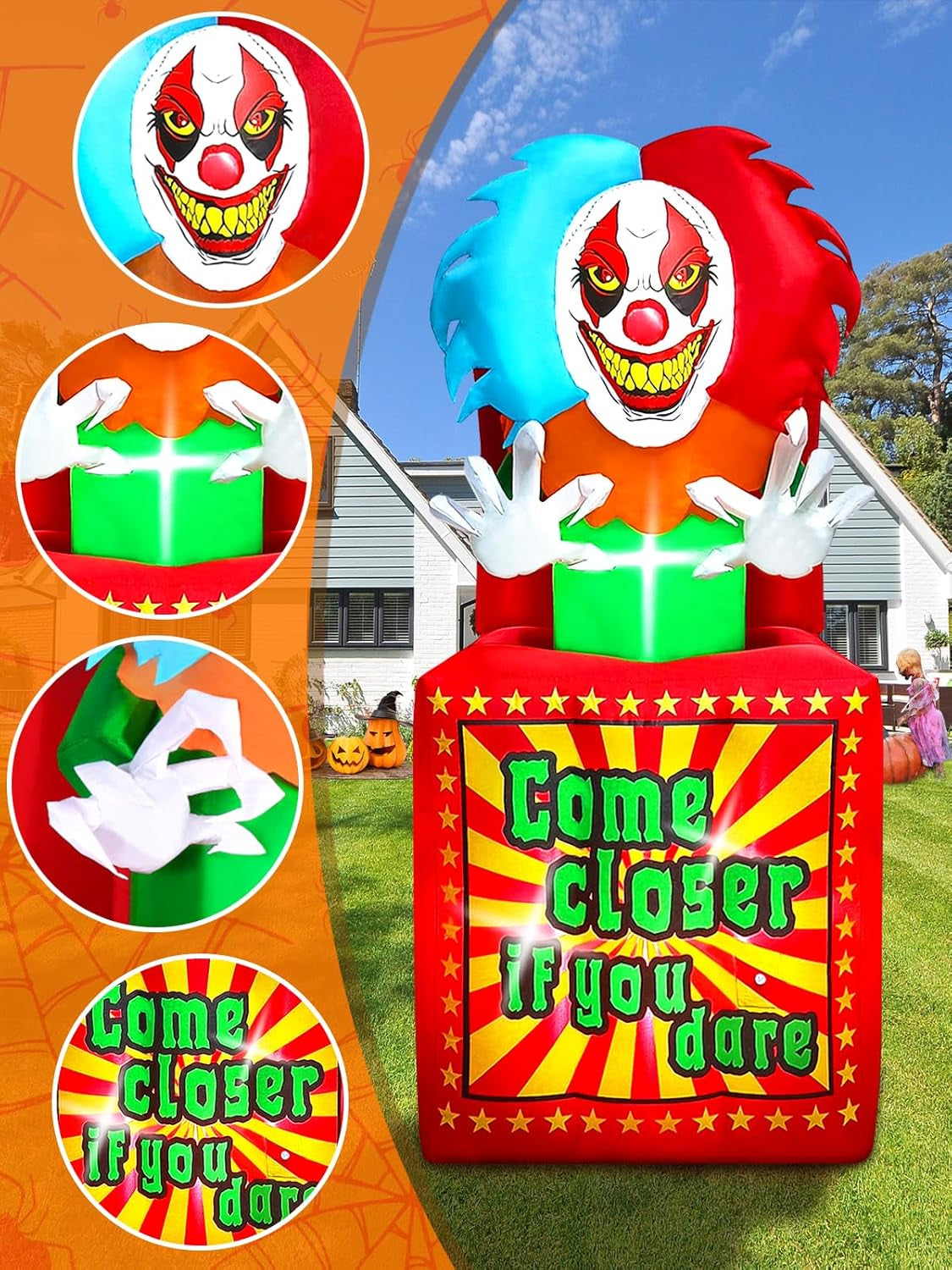 6.6 FT Halloween Inflatables Animated Clown with Music,  Circus Clown Box Outdoor Decorations Blow Up Yard with Built-in LEDs for Indoor Outdoor Party Garden Lawn Decor