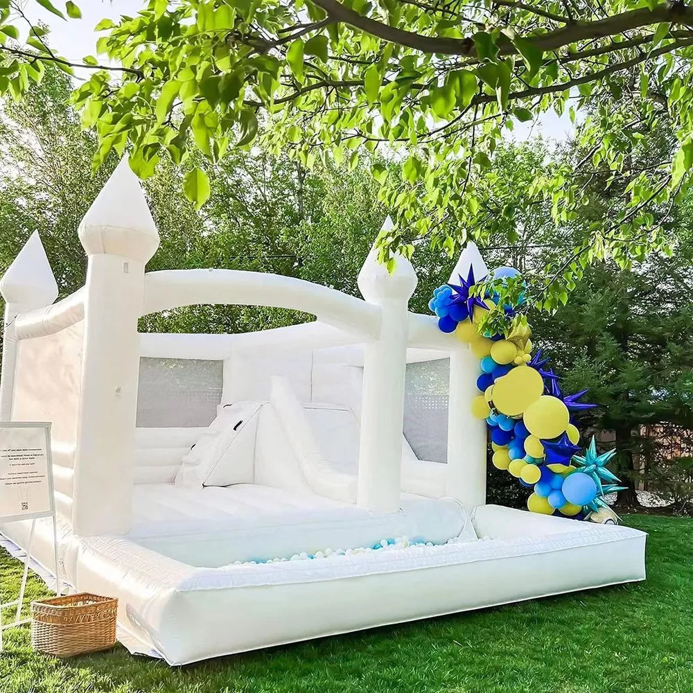 14.8FT White Bounce House with Slide and Ball Pit